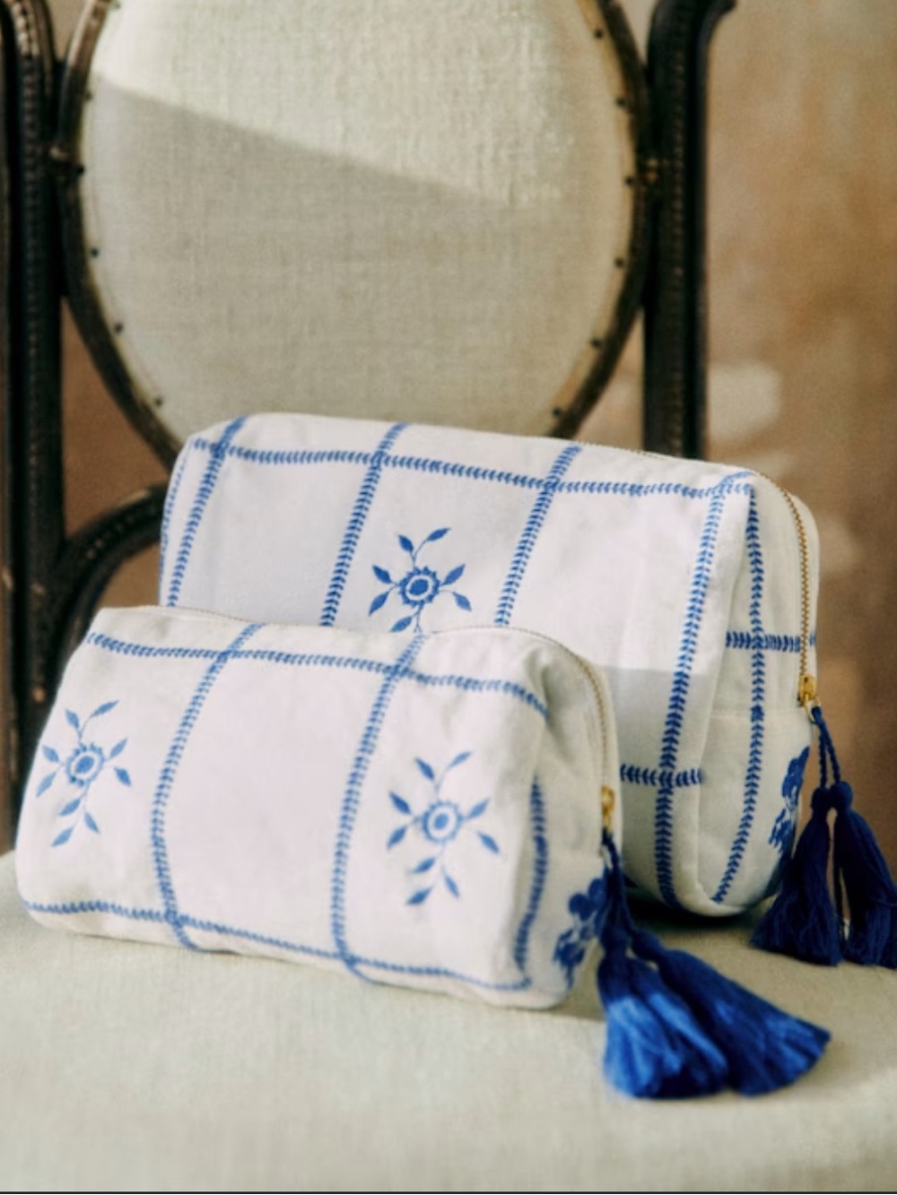 SEZANE Toiletry Bag in Ecru with Blue Embroidered Flowers